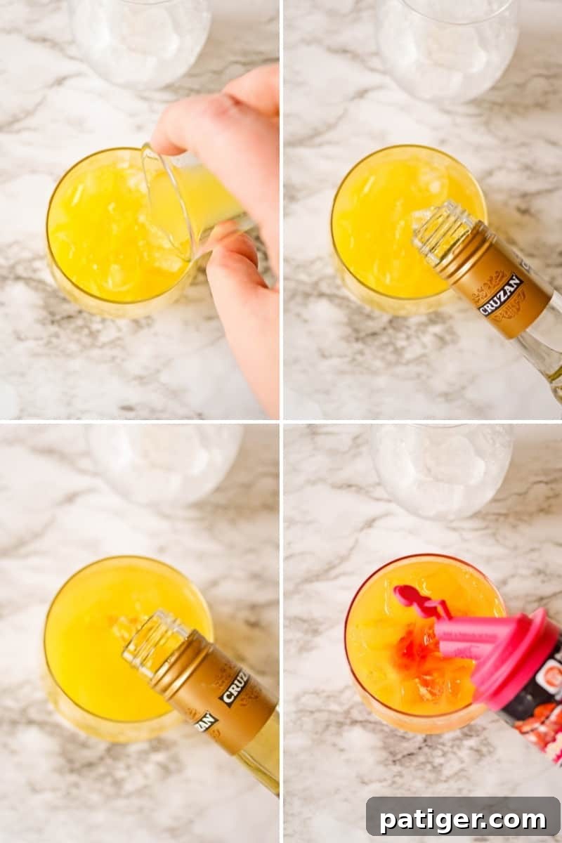 A four-image collage demonstrating the step-by-step process of making Caribbean rum punch, from pouring juices to adding rum.