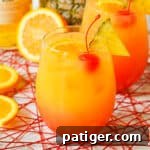 Close-up of a Caribbean Rum Punch cocktail with vibrant layers.