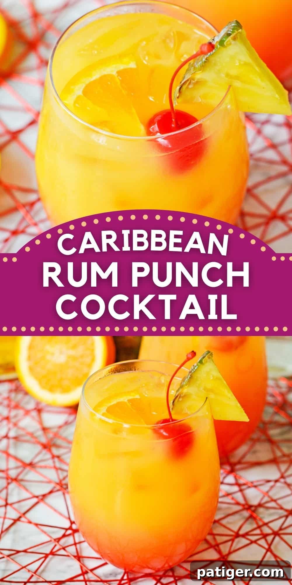 A tall glass of Caribbean Rum Punch, ready to be enjoyed, showcasing its beautiful layers and tropical appeal.