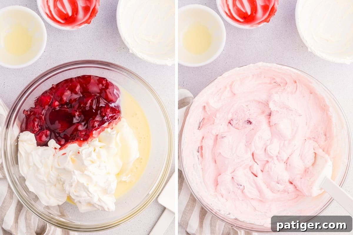 Strawberry Cloud Salad 5 Two image collage of strawberry pie filling, cool whip, and sweetened condensed milk in a large mixing bowl before and after stirring together.