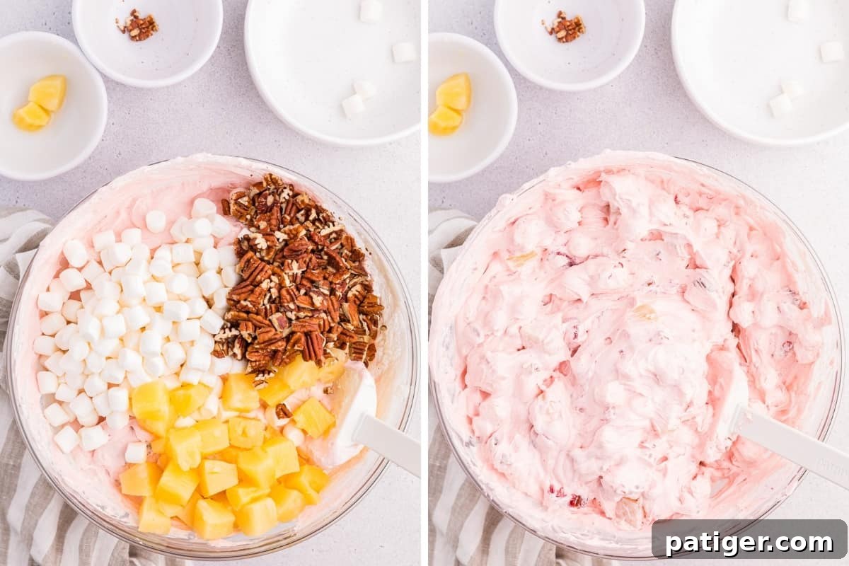 Strawberry Cloud Salad 6 Two image collage of strawberry fluff ingredients before and after combining.