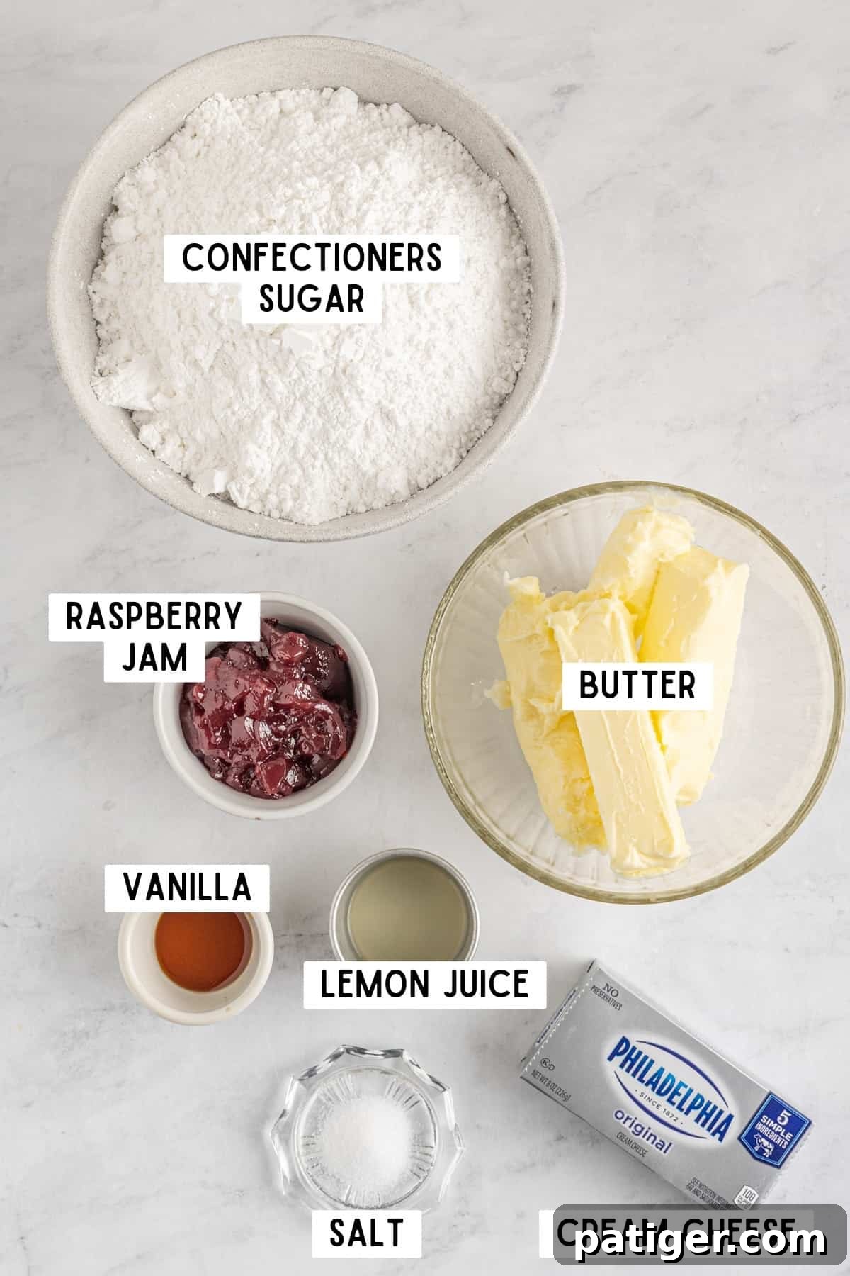 Ingredients required for making Raspberry Cream Cheese Buttercream Frosting.