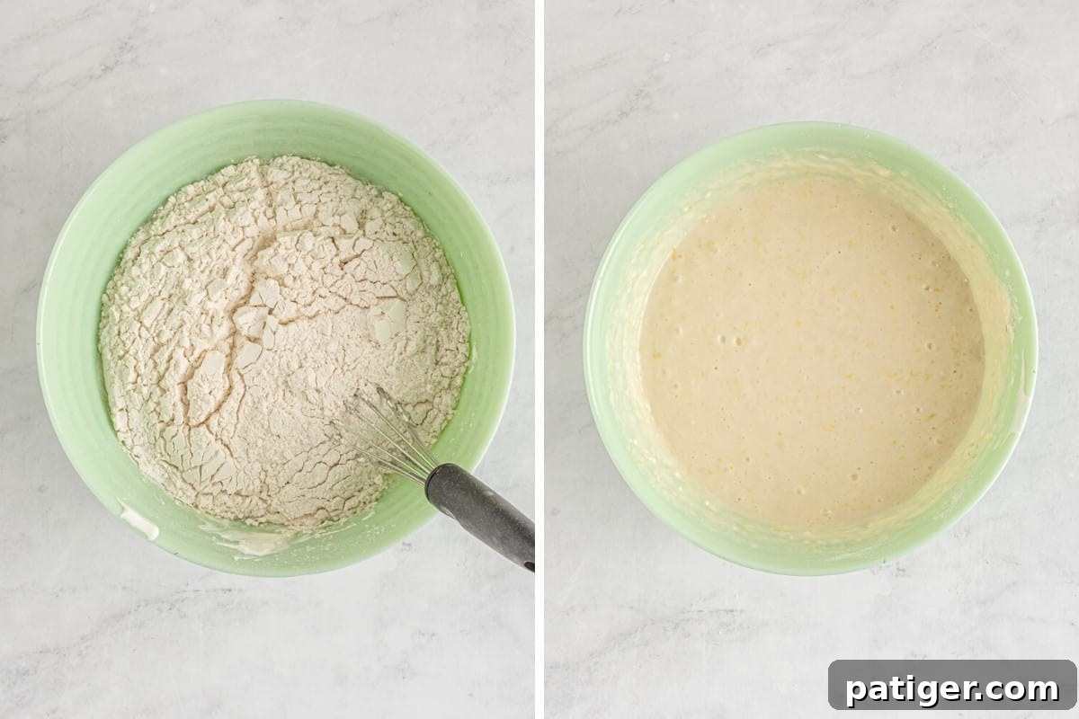 Left image shows dry ingredients in a mixing bowl; right image shows all ingredients combined to form the cake batter.