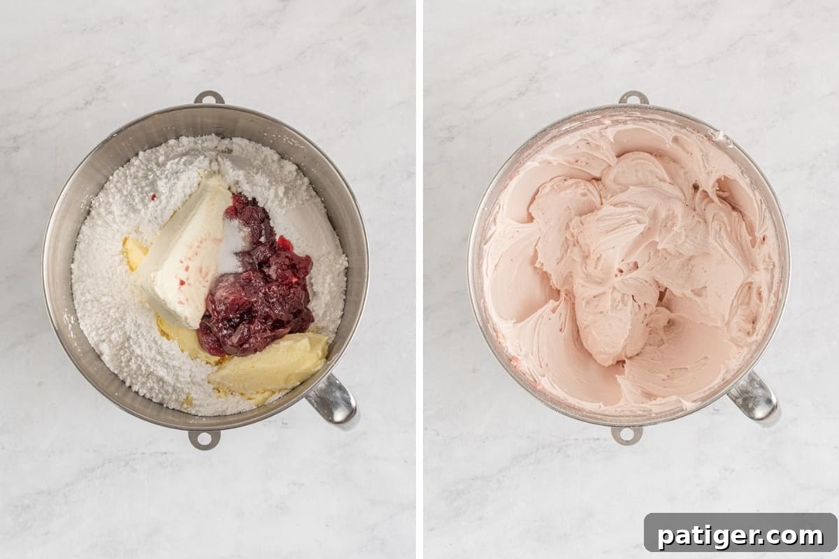 Image shows frosting ingredients in a mixing bowl on the left, and a finished, pink, whipped buttercream frosting on the right.