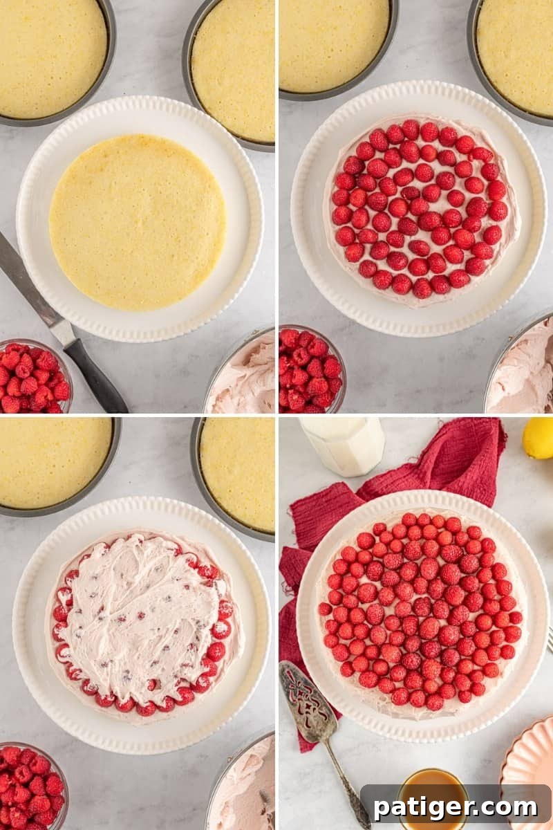 A four-image collage demonstrating the step-by-step process of assembling a layered cake.