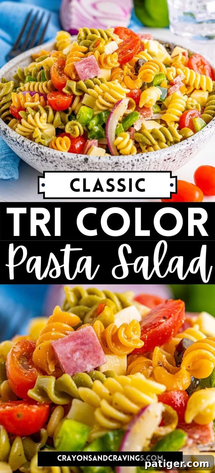 Classic Tri Color Pasta Salad styled for a vibrant meal