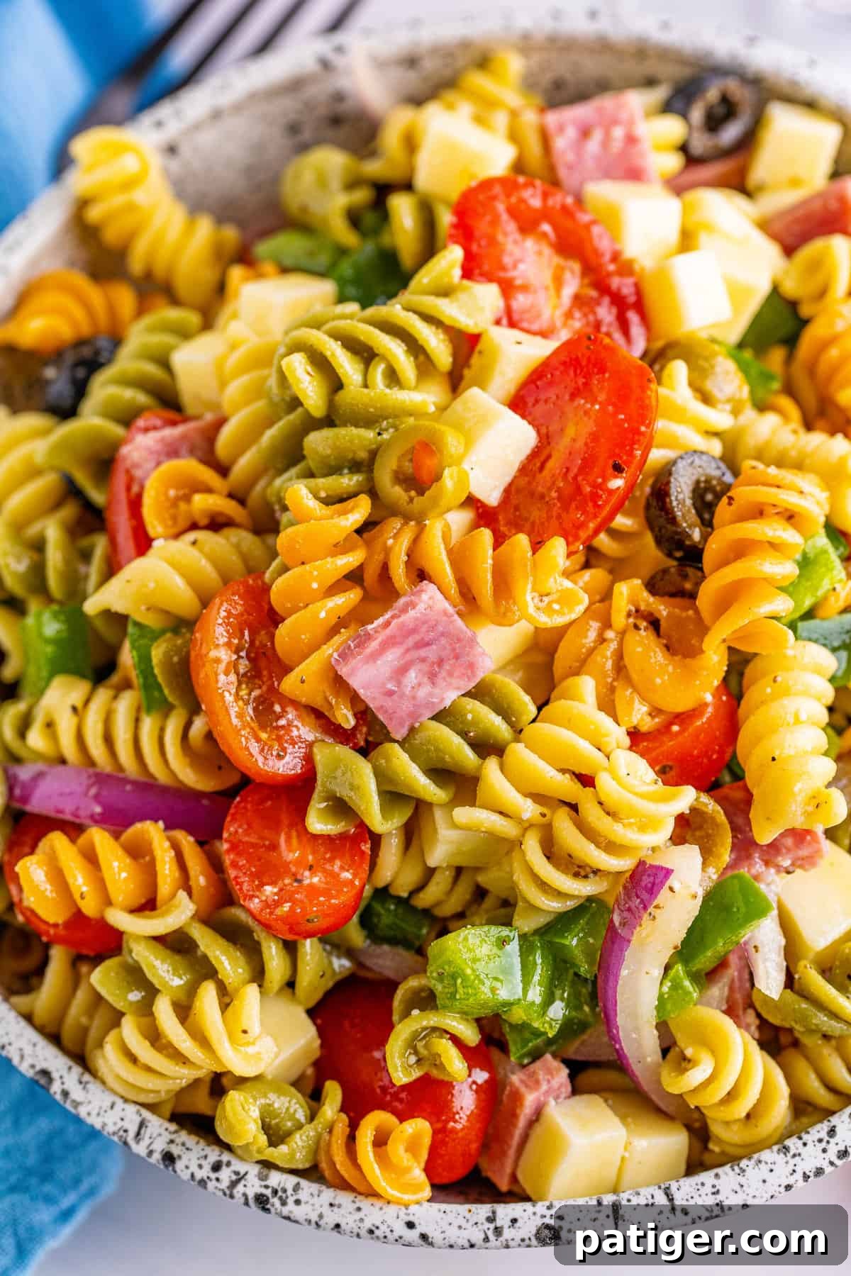 Close-up of Tri-Color Rotini Pasta Salad with colorful ingredients