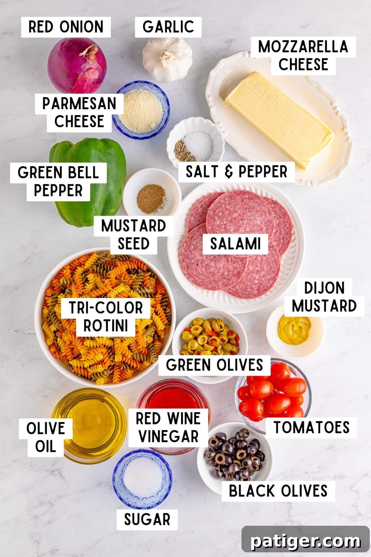 Ingredients laid out for Homemade Italian Tri-Color Pasta Salad Dressing