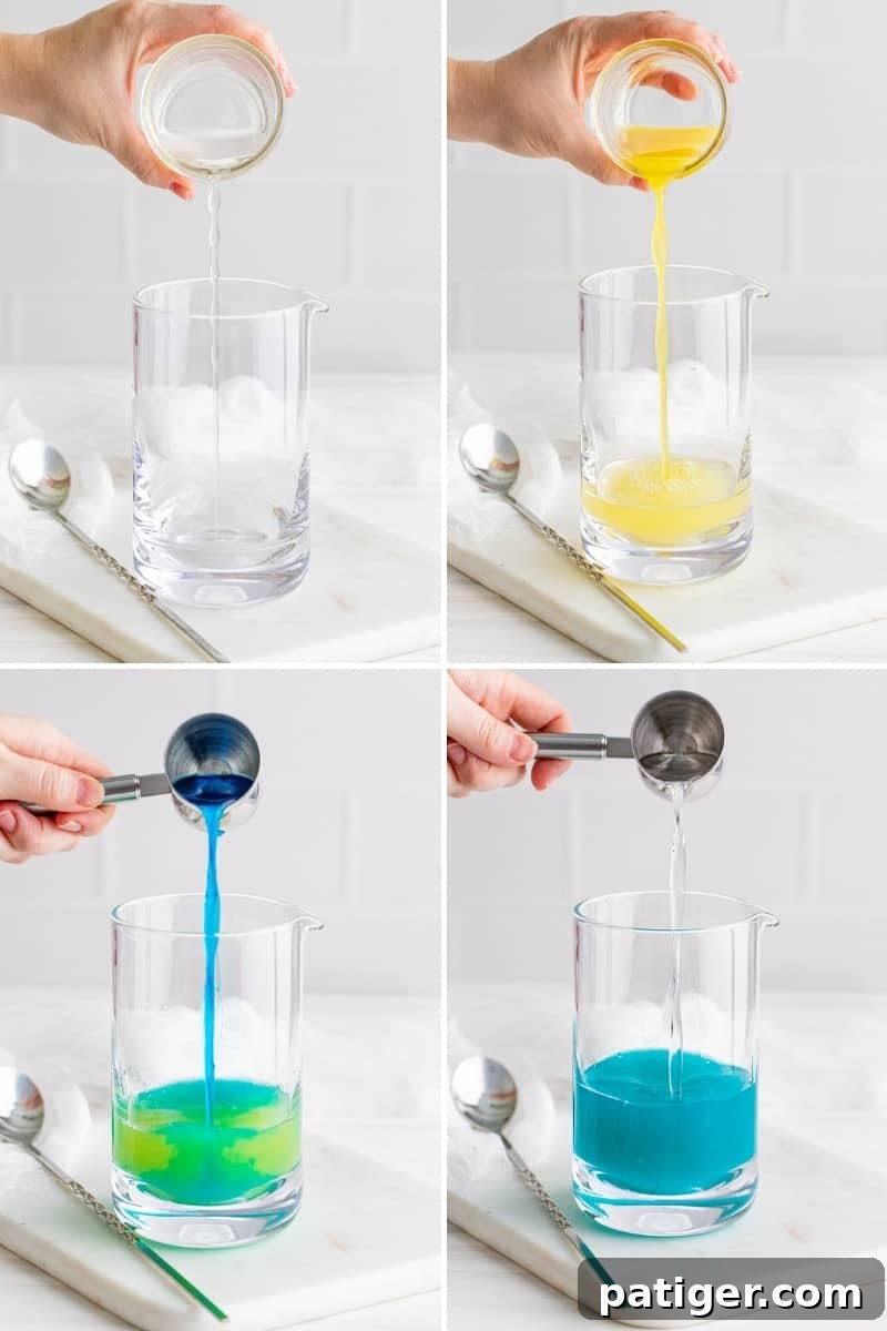 Four image collage of ingredients being added to mixing glass: coconut water, pineapple juice, malibu and blue curaco.