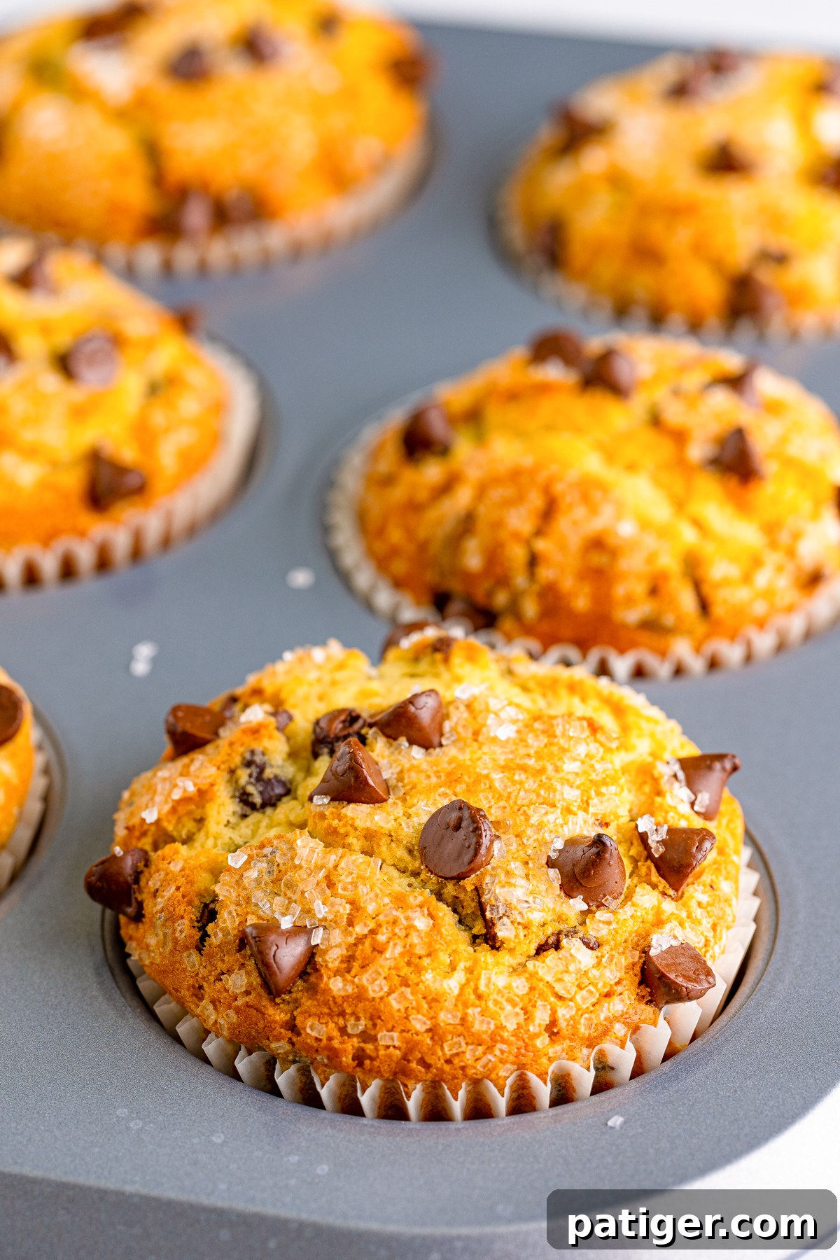 Ultimate Bakery Chocolate Chip Muffins 13 Several chocolate chip muffins resting in a jumbo muffin tin, showcasing their readiness for storage or immediate enjoyment.