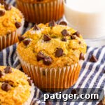 A close-up of a bakery-style chocolate chip muffin, showcasing its inviting texture and golden-brown hue.