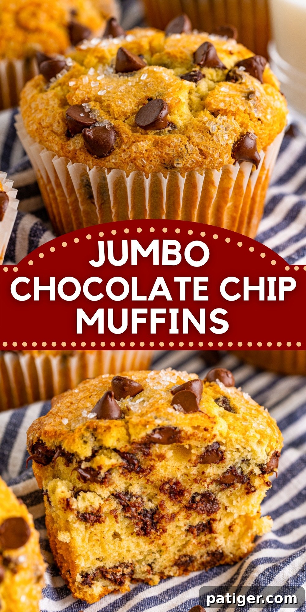 Ultimate Bakery Chocolate Chip Muffins 18 A stunning visual of jumbo chocolate chip muffins, perfect for sharing on Pinterest. Start your morning right with these moist, fluffy, sugary-topped muffins – they're the BEST!