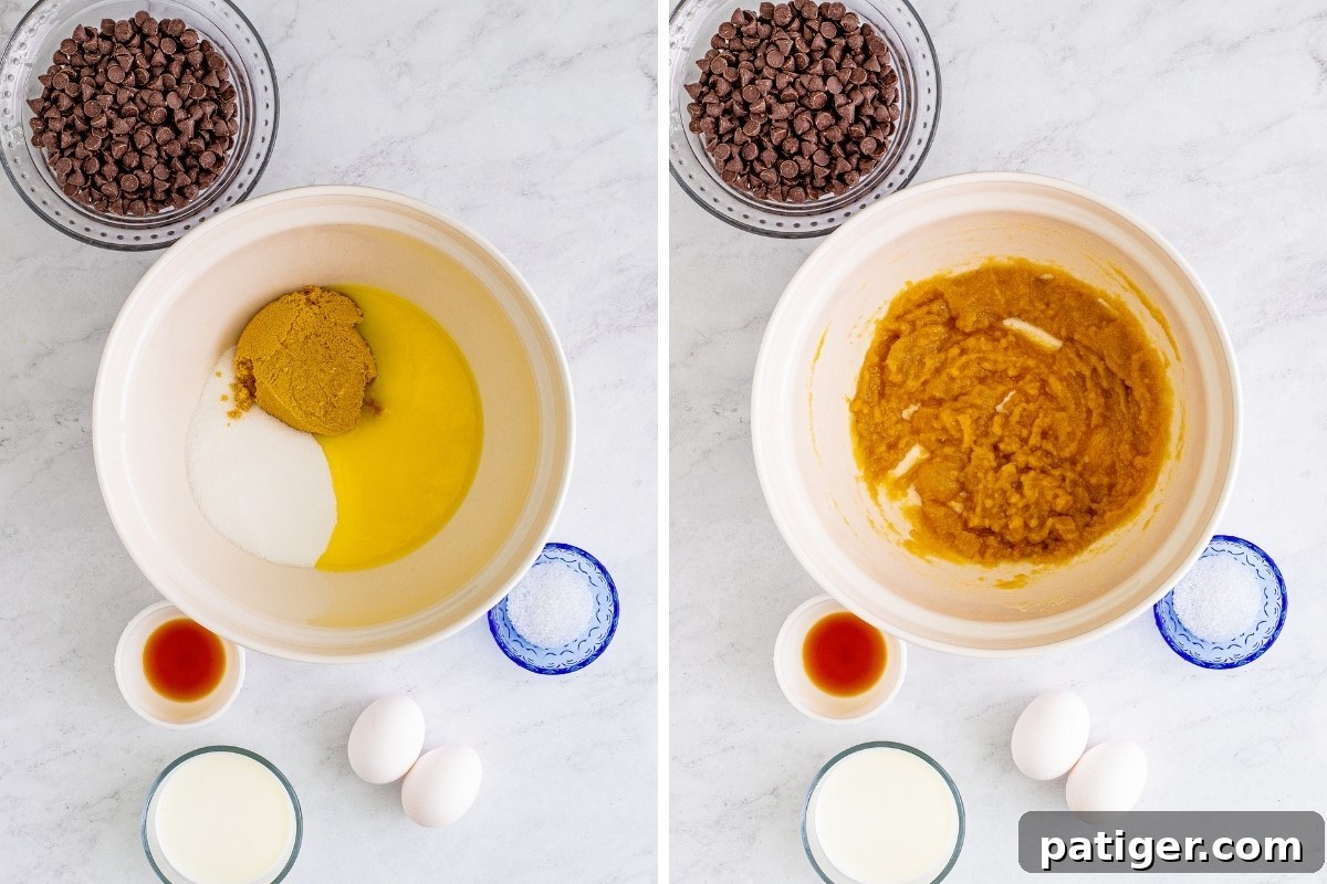 Ultimate Bakery Chocolate Chip Muffins 6 A two-image collage showing the process of combining brown sugar, white sugar, and melted butter in a mixing bowl, demonstrating the smooth blending.