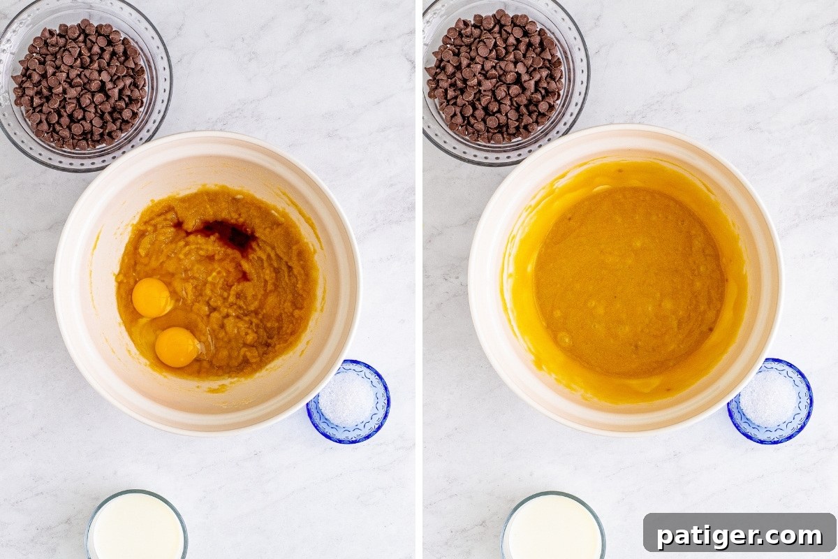 Ultimate Bakery Chocolate Chip Muffins 7 A two-image collage illustrating eggs being added to muffin batter and then thoroughly mixed in until smooth.