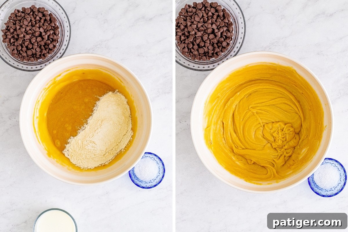 Ultimate Bakery Chocolate Chip Muffins 8 A two-image collage depicting dry ingredients being gradually mixed into the wet muffin batter until just combined.