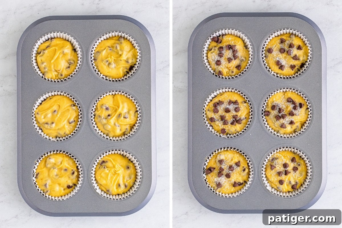Ultimate Bakery Chocolate Chip Muffins 10 A two-image collage showing a jumbo muffin tin filled with chocolate chip muffin batter. The right image shows additional chocolate chips and decorator's sugar sprinkled on top.