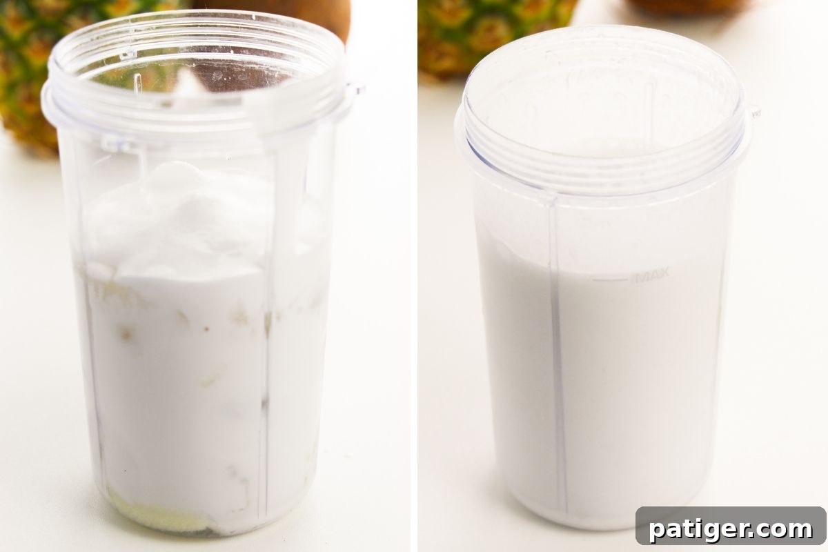 Frosty Island Escape 5 Pina colada ingredients before and after blending.