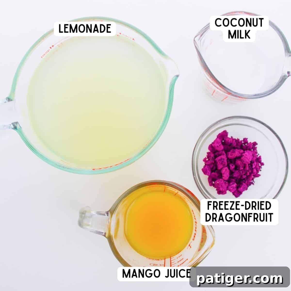Ingredients for copycat dragon drink from Starbucks: lemonade, freeze dried dragonfruit, mango juice, and coconut milk.