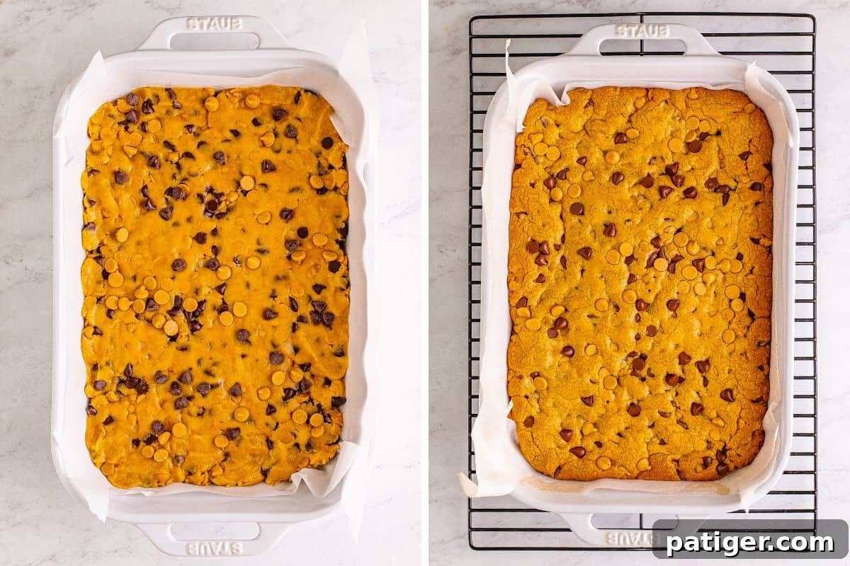 Peanut Butter Chocolate Chip Indulgence Bars 11 Peanut butter cookie bars before and after baking in 9x13 dish.
