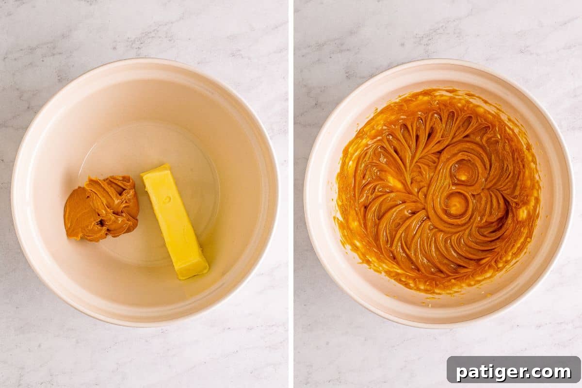 Peanut Butter Chocolate Chip Indulgence Bars 6 Two image collage of peanut butter and butter in a large bowl before and after mixing together.