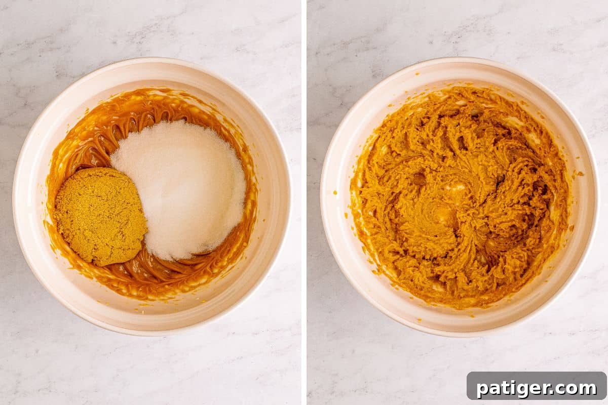 Peanut Butter Chocolate Chip Indulgence Bars 7 Sugars added to bowl, before and after mixing together.