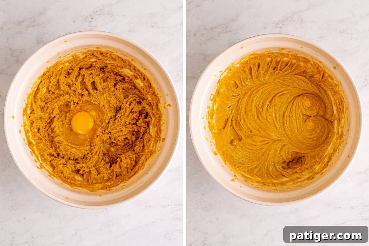 Peanut Butter Chocolate Chip Indulgence Bars 8 Two image collage of egg added to mixing bowl and of vanilla added to bowl.