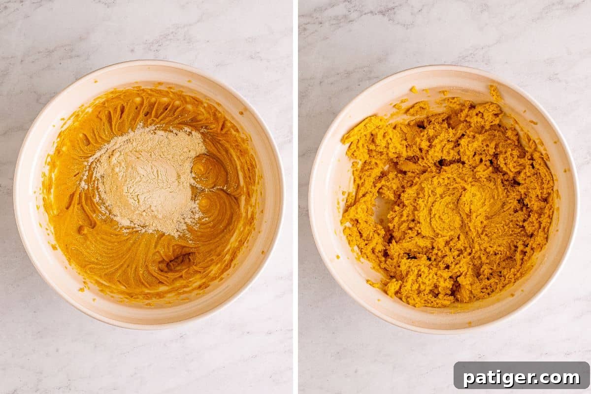 Peanut Butter Chocolate Chip Indulgence Bars 9 Two image collage of dry ingredients added to mixing bowl, and dough with dry ingredients mixed in.