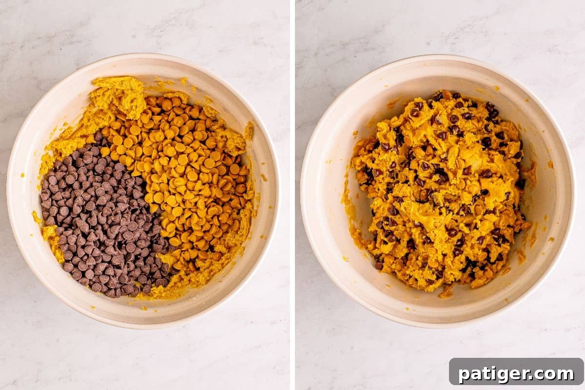 Peanut Butter Chocolate Chip Indulgence Bars 10 On left: chocolate chips and peanut butter chips added to dough. On right: dough with chips stirred in.