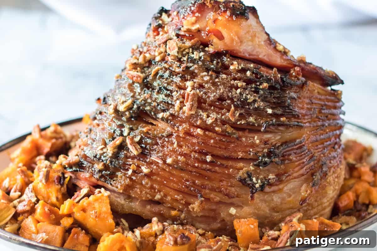 Beautifully glazed ham with crushed pecans and roasted sweet potatoes, ready for carving.