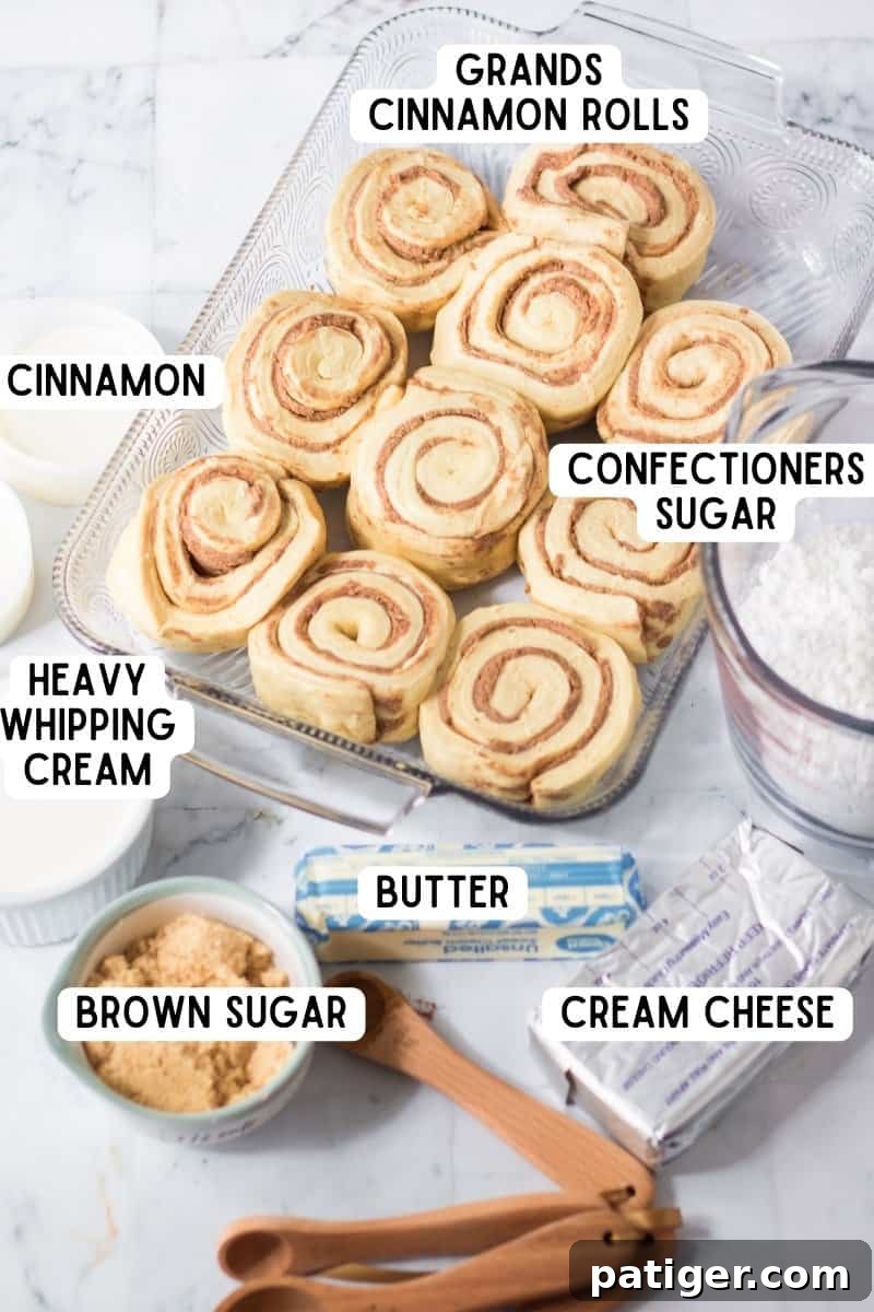 Ingredients for TikTok Cinnamon Rolls: canned cinnamon rolls, butter, cream cheeses, brown sugar, confectioners sugar, and cinnamon.