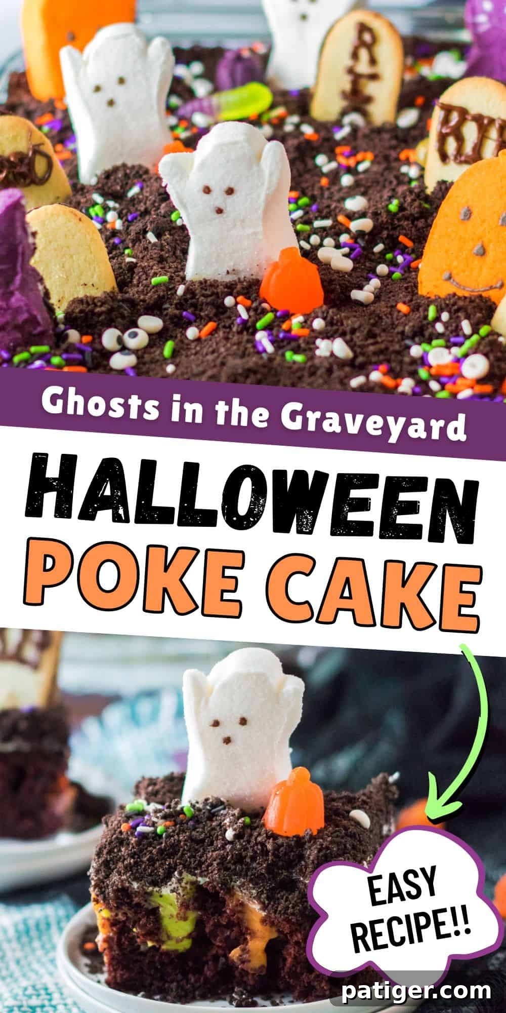 Haunted Cemetery Poke Cake 14 Ghosts in the Graveyard Halloween Poke Cake.