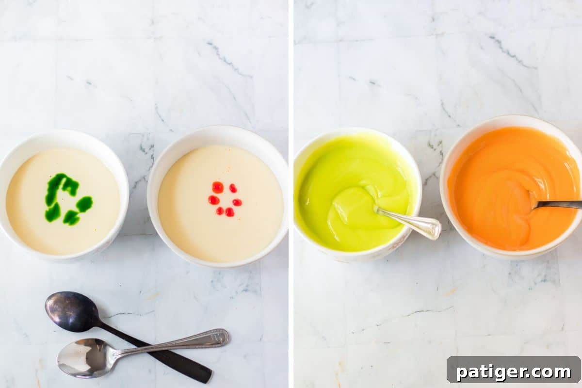 Haunted Cemetery Poke Cake 5 Two image collage of pudding before and after stirring in green and orange food coloring.