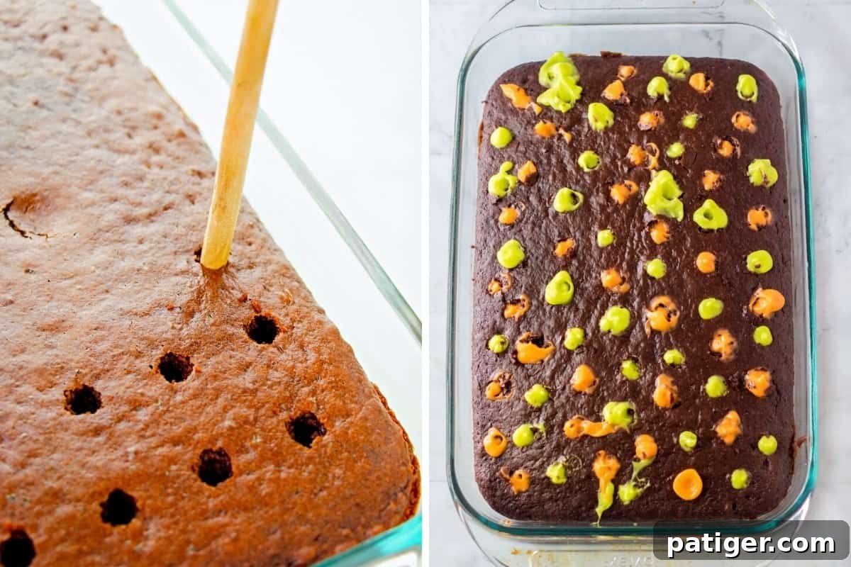 Haunted Cemetery Poke Cake 6 Two image collage of chocolate poke cake before and after filling with pudding.