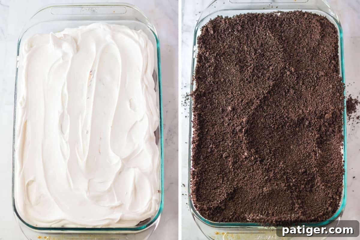 Haunted Cemetery Poke Cake 7 Two image collage of 9 x 13 cake topped with whipped topping and then covered with oreo cookie crumbs.