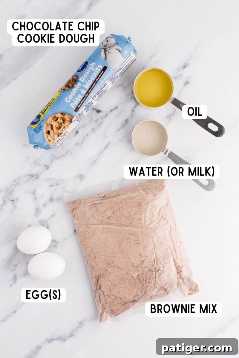 All the essential ingredients for making easy brookie bars, including brownie mix and cookie dough.