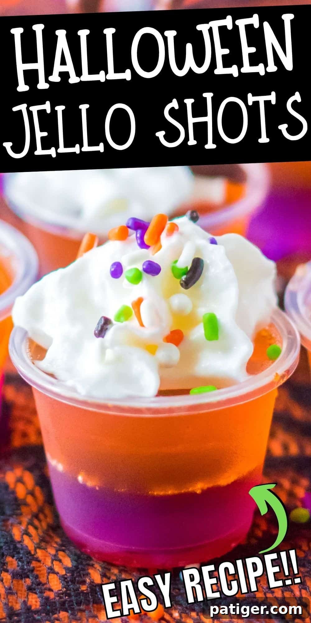 Halloween jello shots - easy recipe! Pinterest image featuring layered purple and orange jello shots topped with whipped cream and sprinkles.