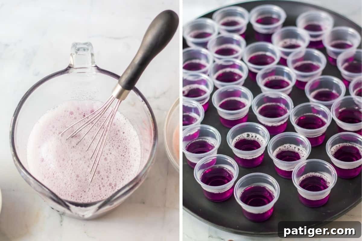 Two image collage showing the process of mixing purple jello and then carefully pouring it into small plastic shot glasses to form the first layer.