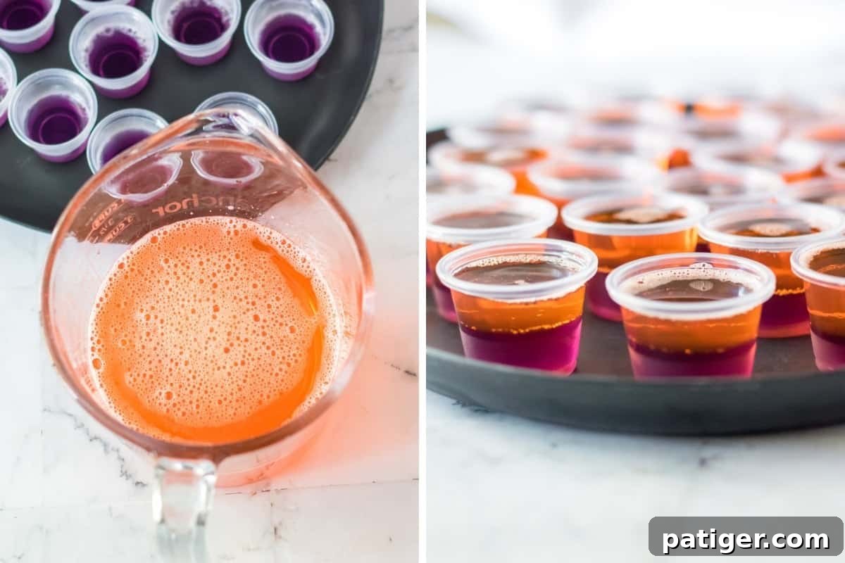 Two image collage illustrating the preparation of orange jello and its careful pouring over the set purple layer in plastic shot cups to create a layered effect.