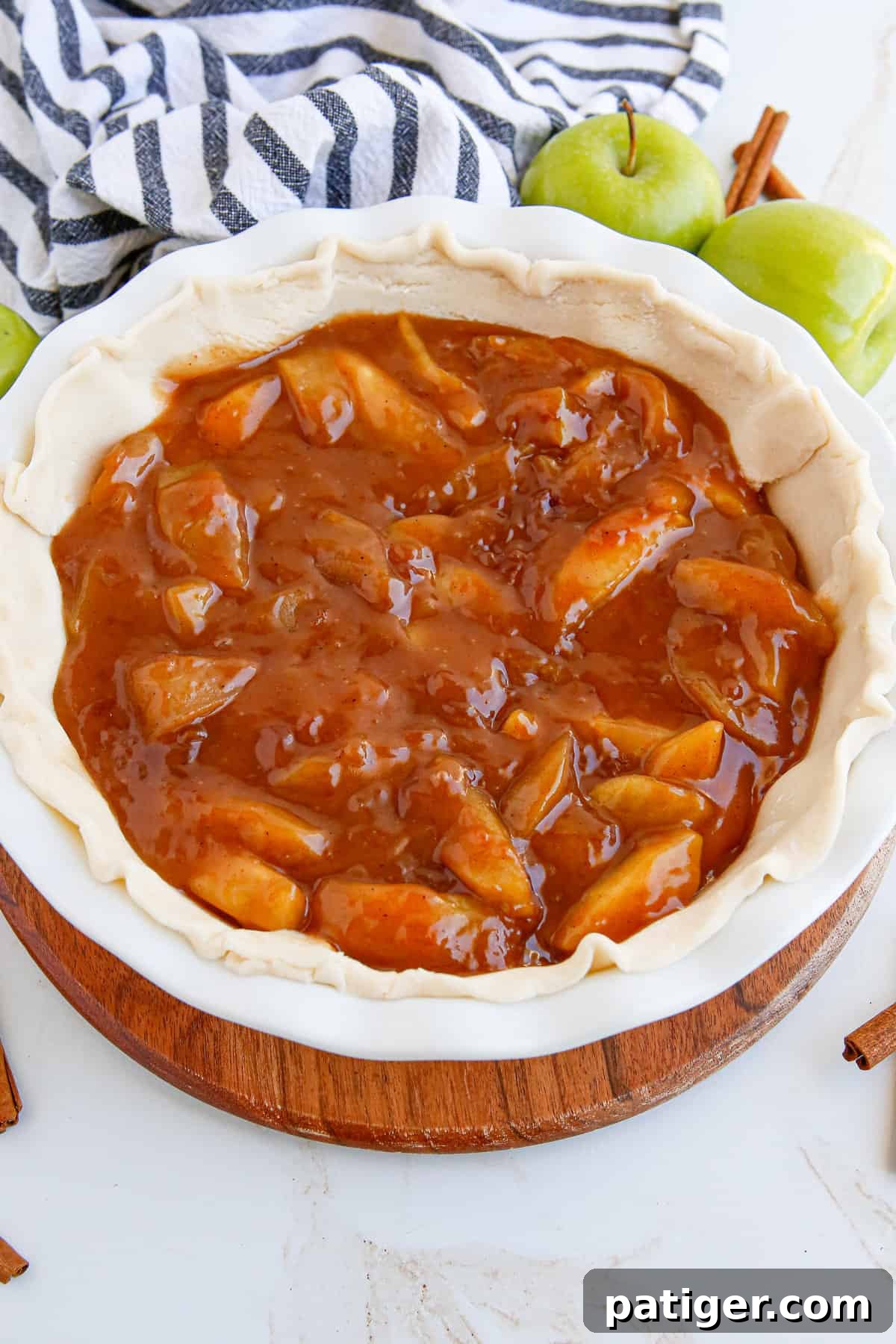 Apple pie filling in pie crust.