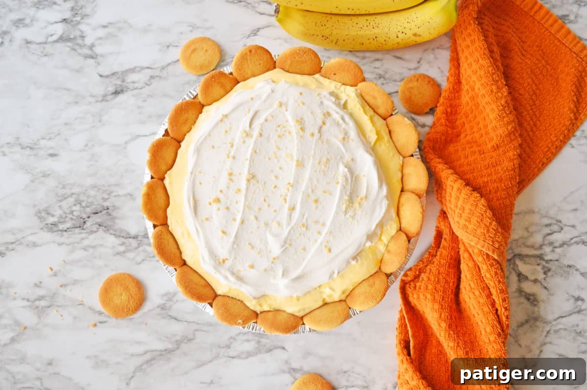 Creamy No-Bake Banana Pudding Pie, garnished with Cool Whip and Nilla wafers, in a graham cracker crust.