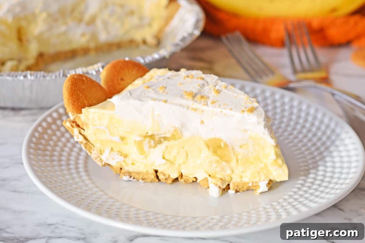 A slice of No-Bake Banana Pudding Pie on a plate, with the rest of the pie blurred in the background, highlighting its delicious texture.