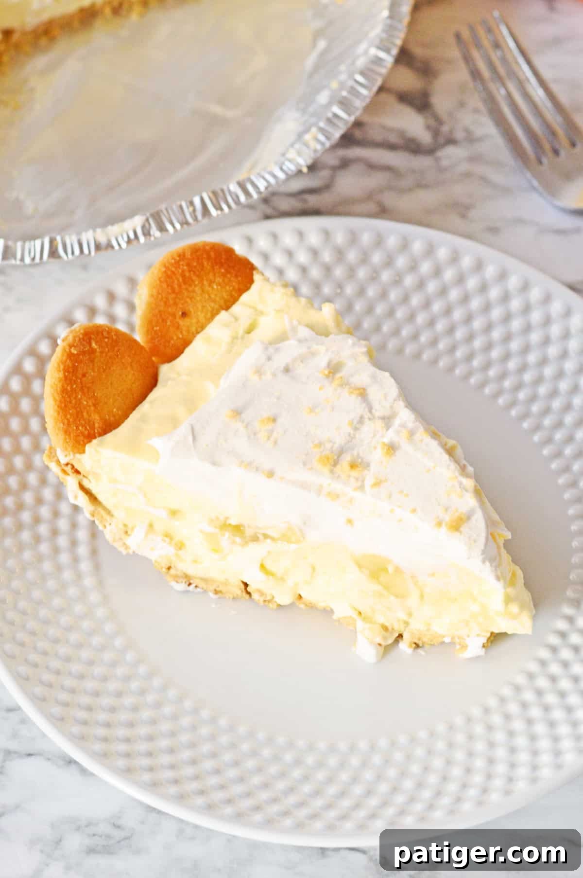 A perfectly sliced piece of creamy banana pudding pie, showcasing its layers, served on a white plate.