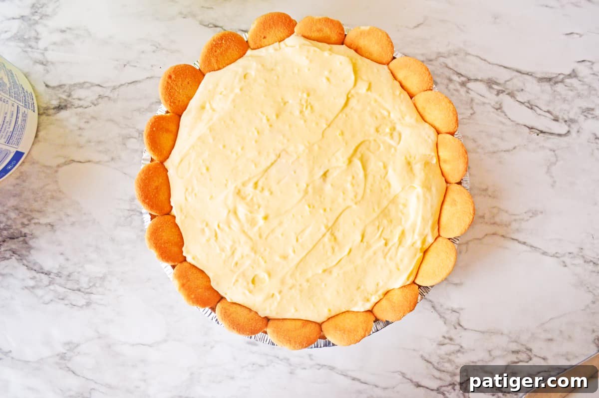 No-Bake Banana Pudding Pie with Nilla wafers arranged decoratively around the rim.