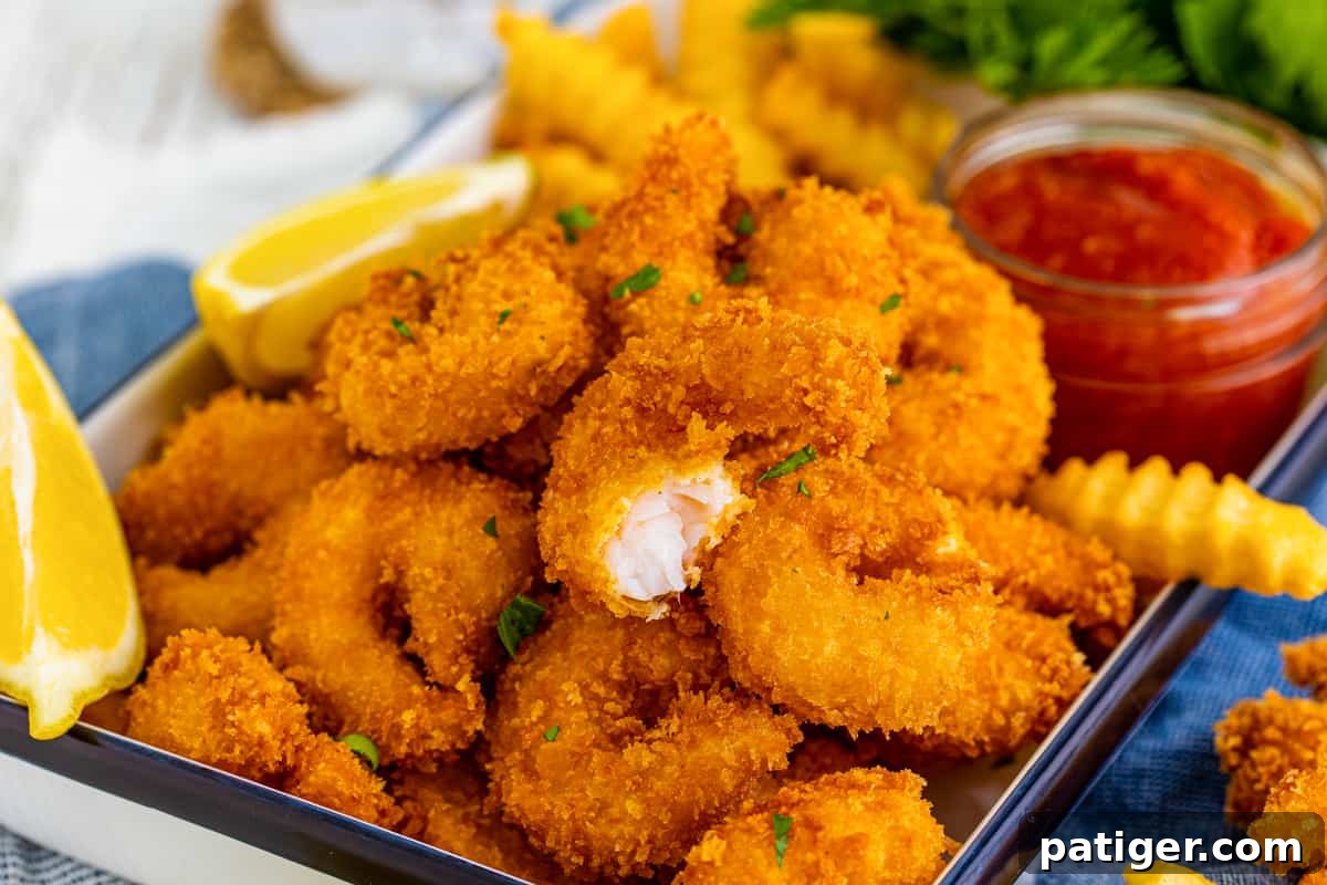 A plate piled high with golden panko fried shrimp and french fries, with one shrimp having a bite taken out of it, showing its crispy interior.