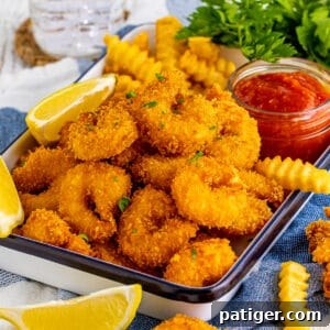 Crispy panko fried shrimp served with fries and cocktail sauce. A perfect golden-brown Panko Fried Shrimp dish.