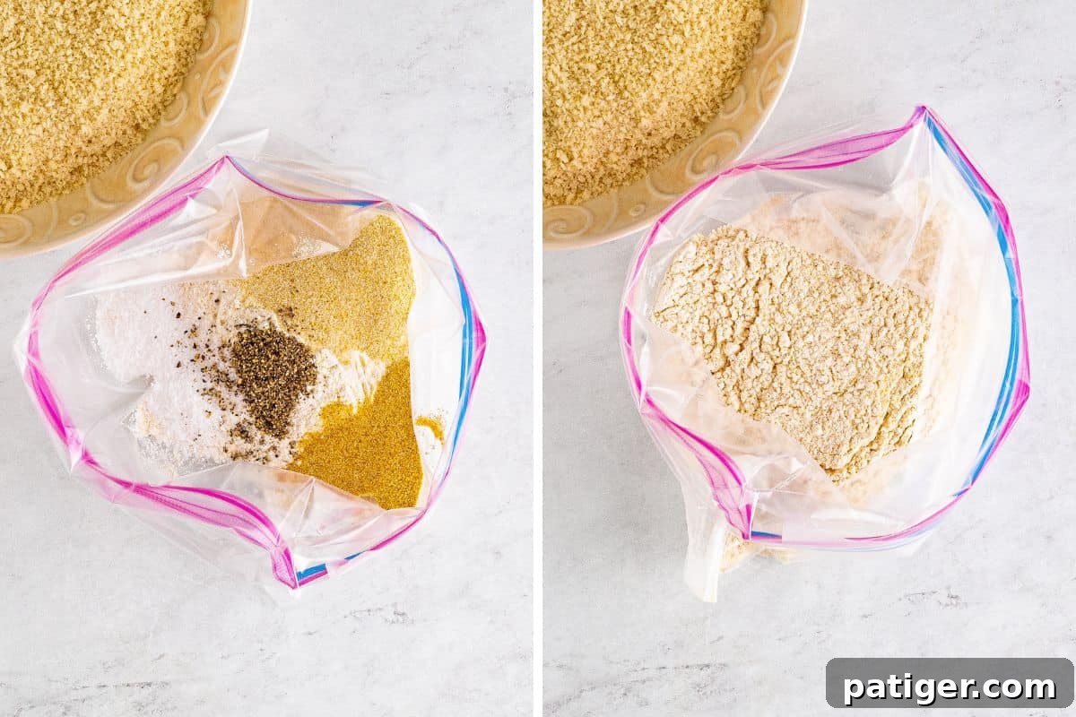 A two-image collage showing a zip-top bag with flour and seasonings before mixing, and then after mixing to combine them.