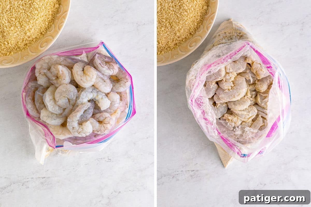 A two-image collage showing raw shrimp added to the seasoned flour bag before shaking, and then fully coated shrimp after shaking.