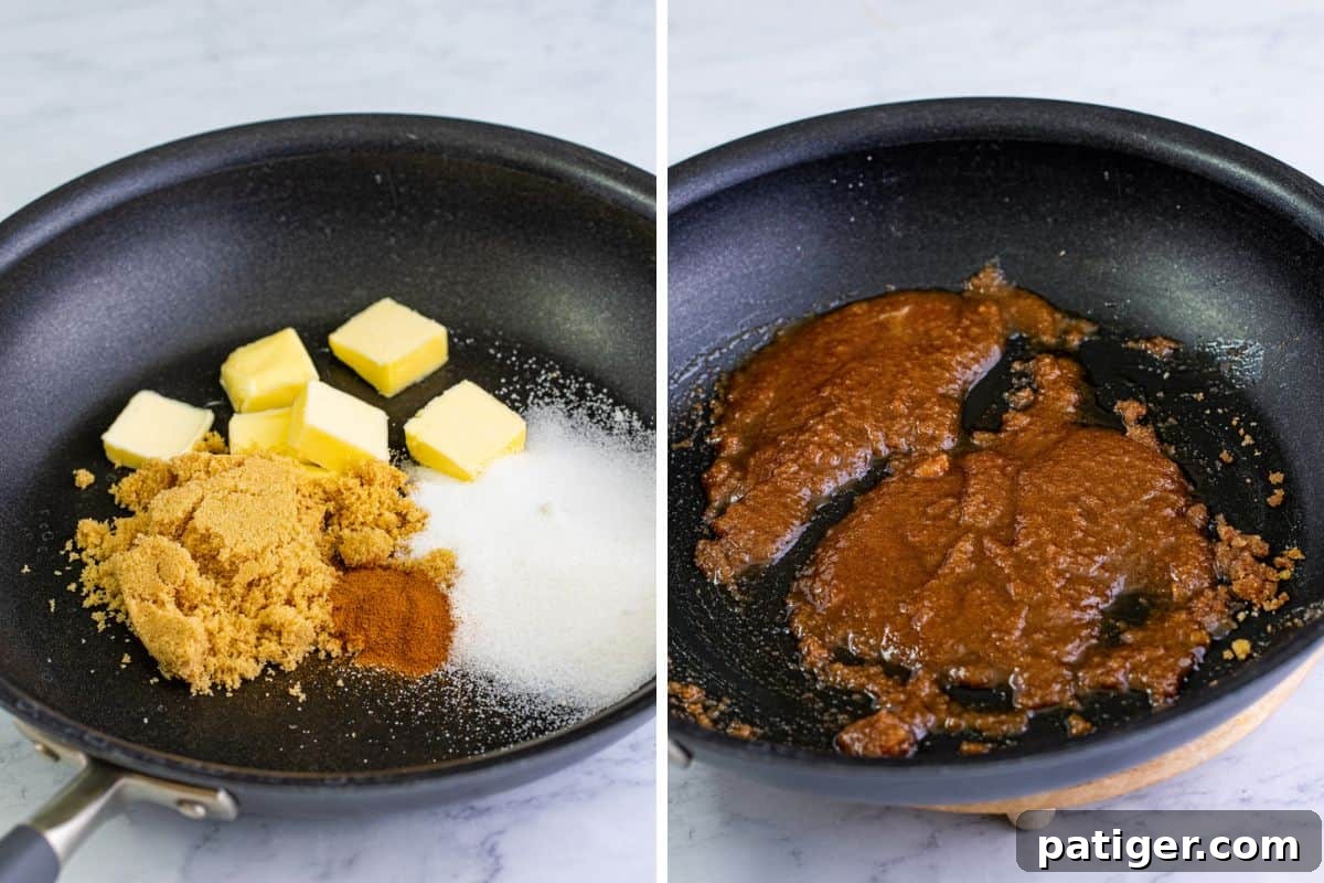 Two image collage of butter, sugar, and spices in skillet before and after combining.