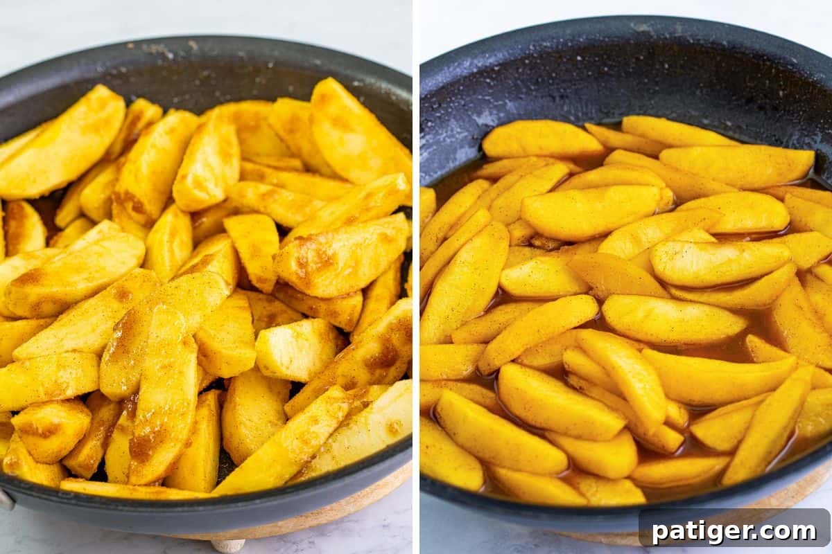 Two image collage of apples in skillet before and after cooking.