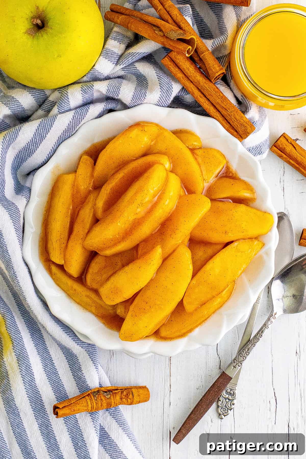 Overhead photo of plate of stovetop cinnamon apples.